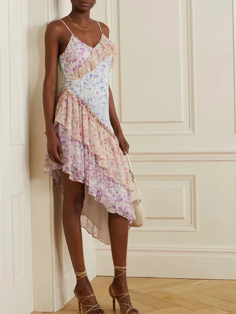 GypsyLady Floral Patchwork Unregelmäßige Kleid Casual Chic Sommer Urlaub V-ausschnitt Ärmellose Sexy Frauen Damen Party Kleider Vestido