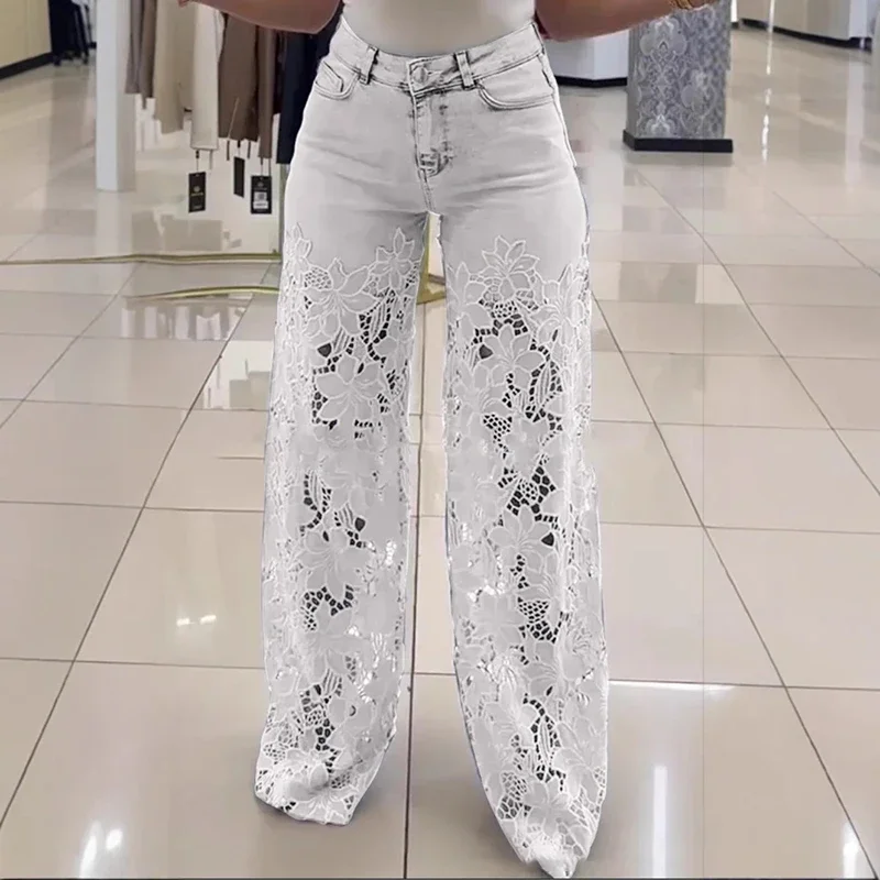 

Ladies Sexy Lace Hollowed Out Jeans Summer Retro Solid Color Wide Leg Pant 2025 Casual Crochet Spliced High Waist Trousers New