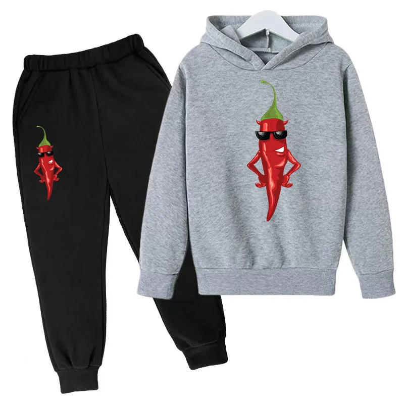 Boys and Girls '2-Piece Cartoon Hoodie e calças conjunto, moletom, Jumper, terno casual, topo, bonito, engraçado, pimenta impressão, crianças, criança, 3-12Y