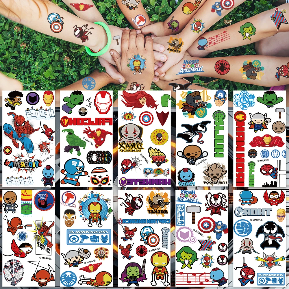 10 قطع من ملصقات الوشم المؤقت الأعجوبة أنيمي الرجل العنكبوت الرجل الحديدي الكرتونية ملصق وشم للأطفال هدايا حفلات أعياد الميلاد فن الجسم