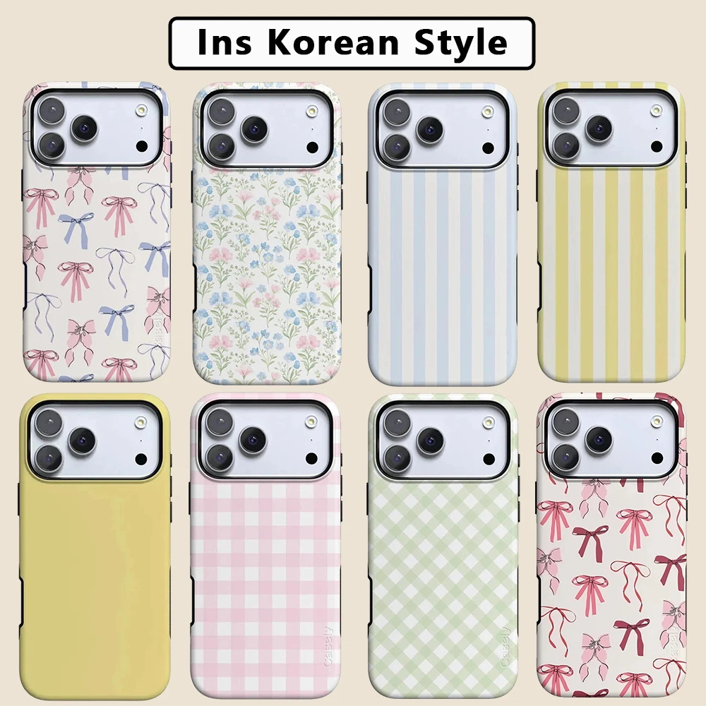 Fresh Bow Plaid Phone Case for Samsung Galaxy S20 S23 S24 S25 S26 FE Plus Ultra Edge 4G 5G Luxury Double-layer Back Cover