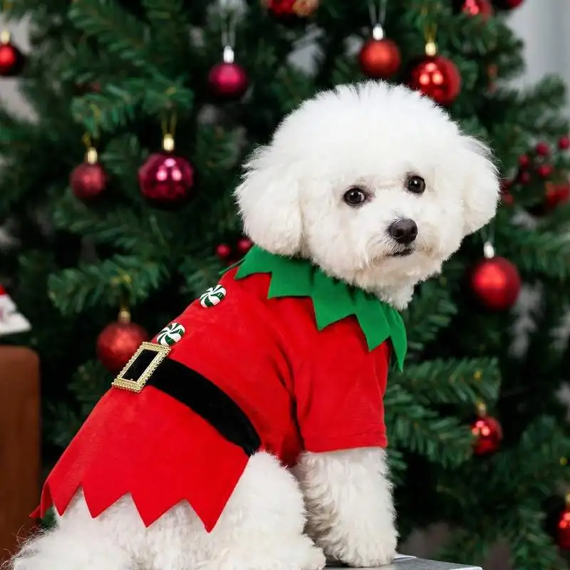 Ein T-Shirt für Hunde, ein weihnachtliches Elfen-T-Shirt mit Knöpfen, weihnachtliche Haustierkostümkleidung. – Detail 4