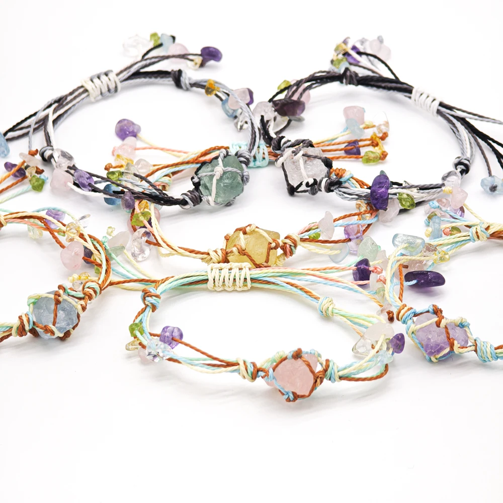 10 Stück verstellbares geflochtenes Kordelnetz, 1 roher Rohstein, Perlenhalter, Seil, Armband, natürlicher Quarzkristall, Heilung, Taschentasche, Armreif – Detail 3
