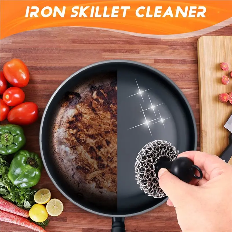Cast Iron Cleaner Upgraded Handle Cast Iron Scrubber Brush Black 316 Chain Mail Scrubber Top-Rated
