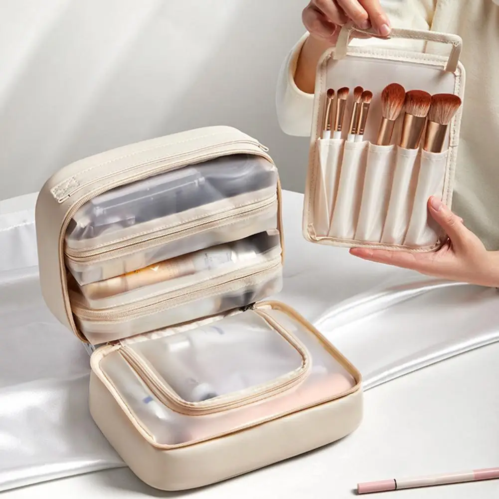 Multi-Compartment Cosmetics Bag Zipper Closure Toiletry Bag Beauty Pouch Waterproof Makeup Brush Holder Storage Bag with Handle