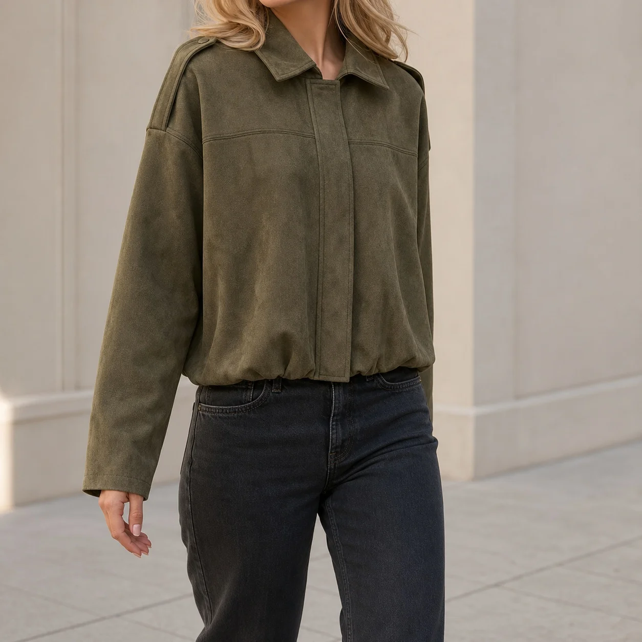 Women's Female Streetwear Bomber Jacket with Notched Collar Batwing Long Sleeve Zipper Front Solid Color Woven Pocket Detail