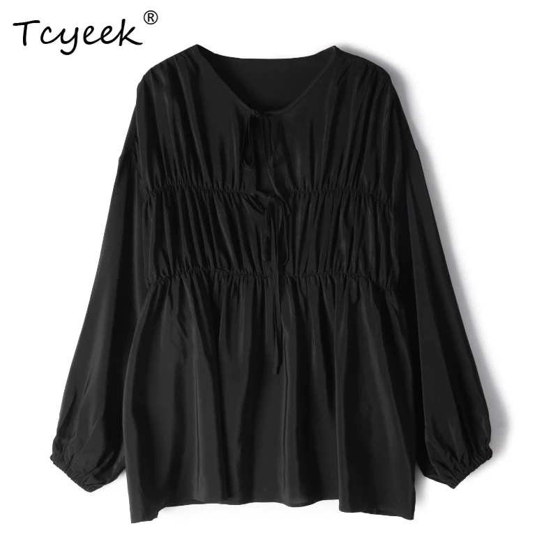 

Tcyeek 100% Mulberry Silk Spring Summer V-neck Vacation Style Lace Up Long Sleeved Solid Color Women's Shirts Женская Одежда