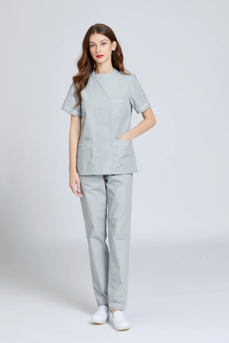 Women's Summer Round Neck Short Sleeve Scrub Uniforms Skincare and Babycare Nuring White Working Clinic Receptionist Overalwear