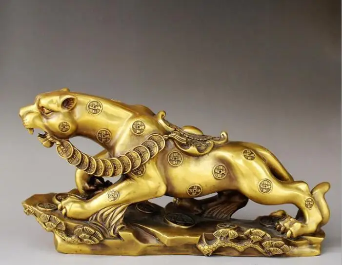 

Copper Satue Chinese copper brass fengshui wealth animal leopard Panthera pardus coins statue