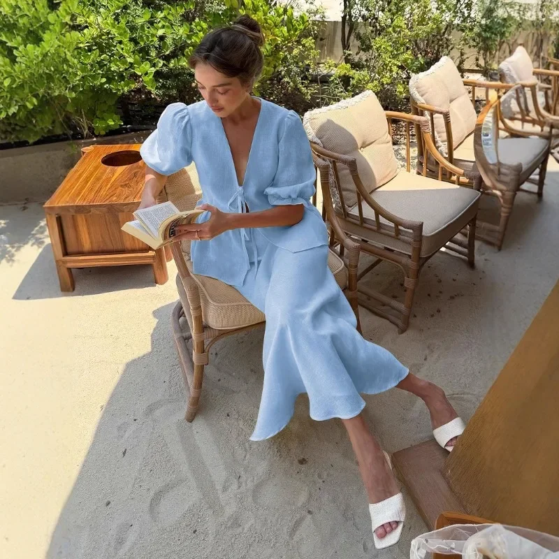 

Solid Ruffles Botton 2 Piece Set Women 2025 Summer Fashion Lace Up V Neck Lantern Half Sleeve Shirts Top + Maxi Skirts Suits