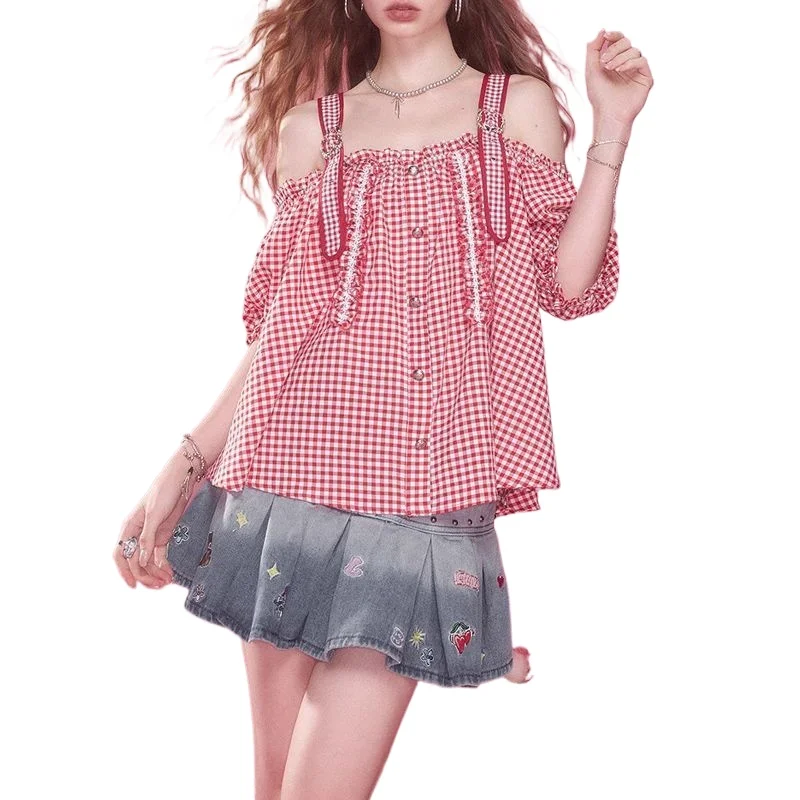 Off-the-shoulder Checkered Lace-trimmed Chiffon Blouse for Women New Sweet and Stylish Top  Strong Design Sense for Summer 2026