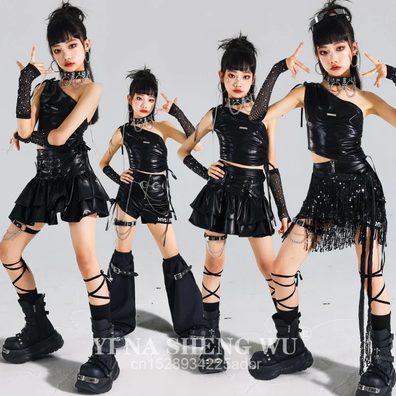 Girls K-pop Shiny Crop Top Skirts Street Dance Cargo Pants Kids Hip Hop Jazz Girl Group Clothes Sets Children Streetwear Costume