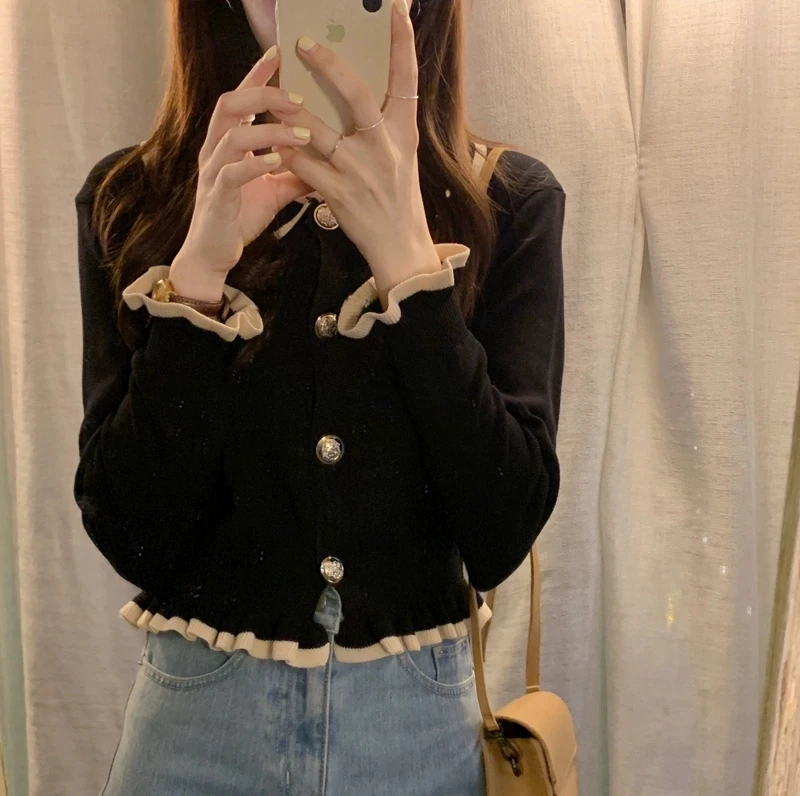 Spring Summer Doll Collar Knitted Sweater Women's Inner Wear Small Size Style Open Cardigan Knitted Top