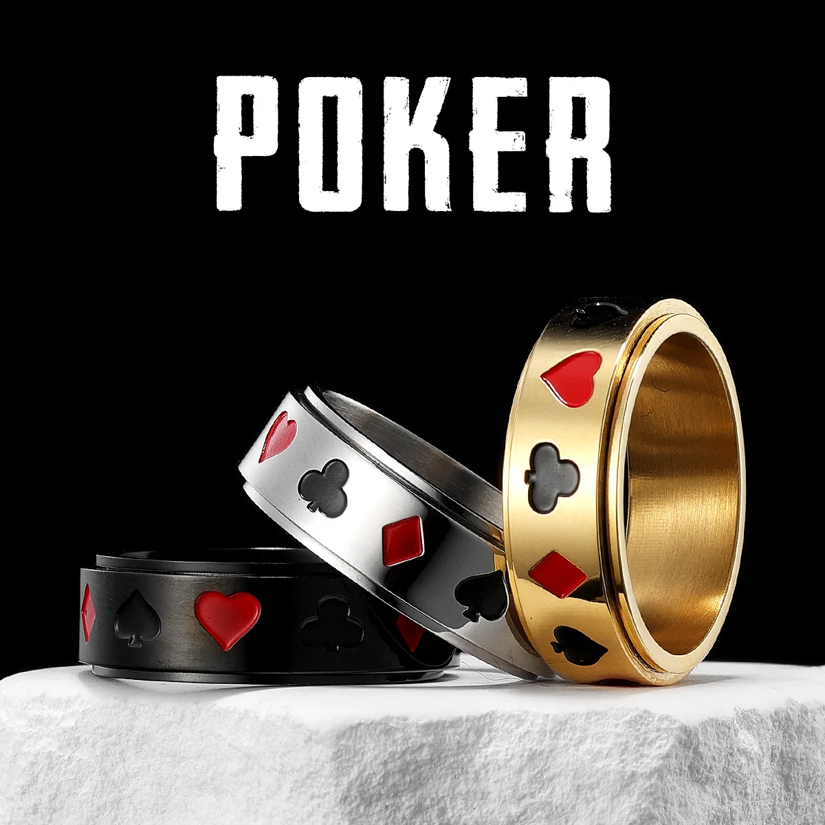 Anillos Lucky Poker Fidget Spinner para hombre, joyería de acero inoxidable para mujer, Punk, nuevo en Rock, accesorios de moda geniales, regalo al por mayor