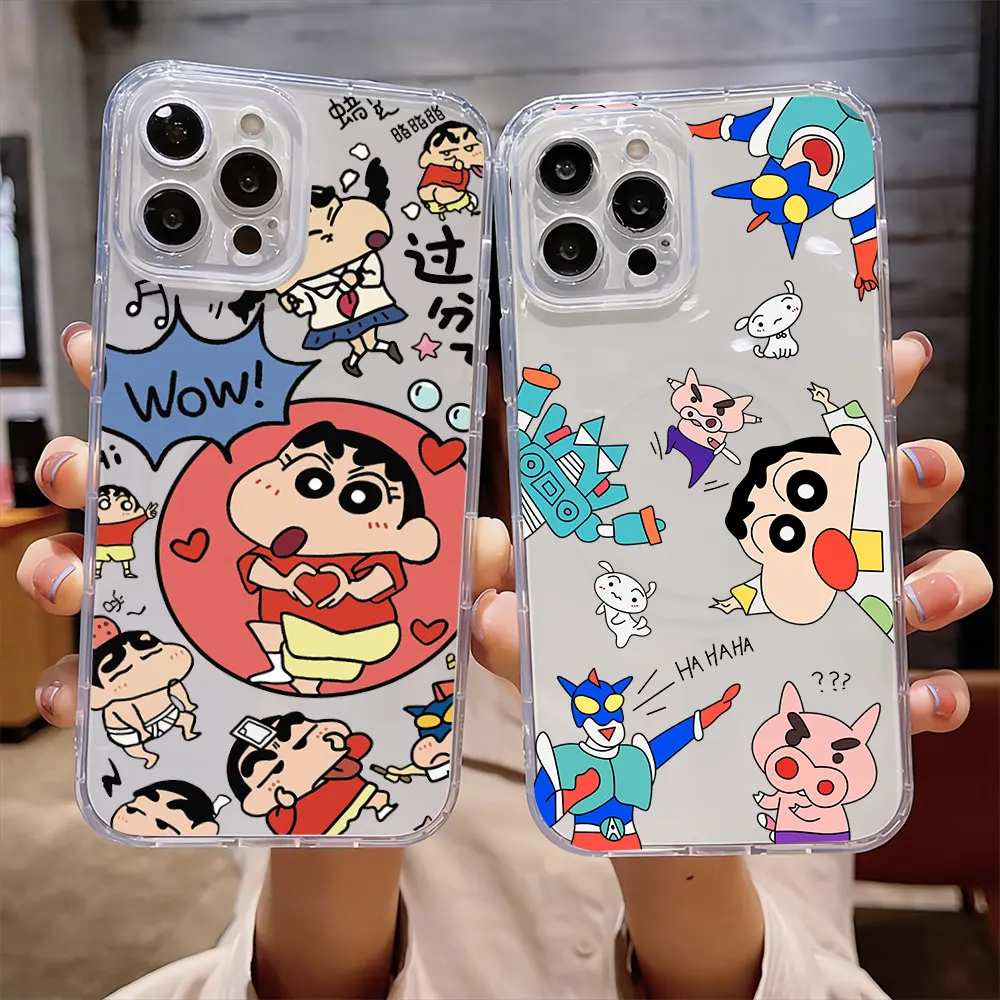 Funny Cartoon C-Crayon Shin-Chan-S For IPhone 15 14 13 12 11 Pro Max Plus Transparent Magnetic Suction Phone Case