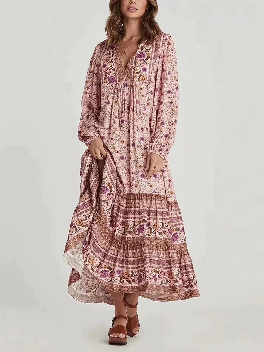 Vestidos largos bohemios para mujer, estampado floral, mangas largas de globo, lazo, cuello en V, bata con gradas, vestido fluido de una línea