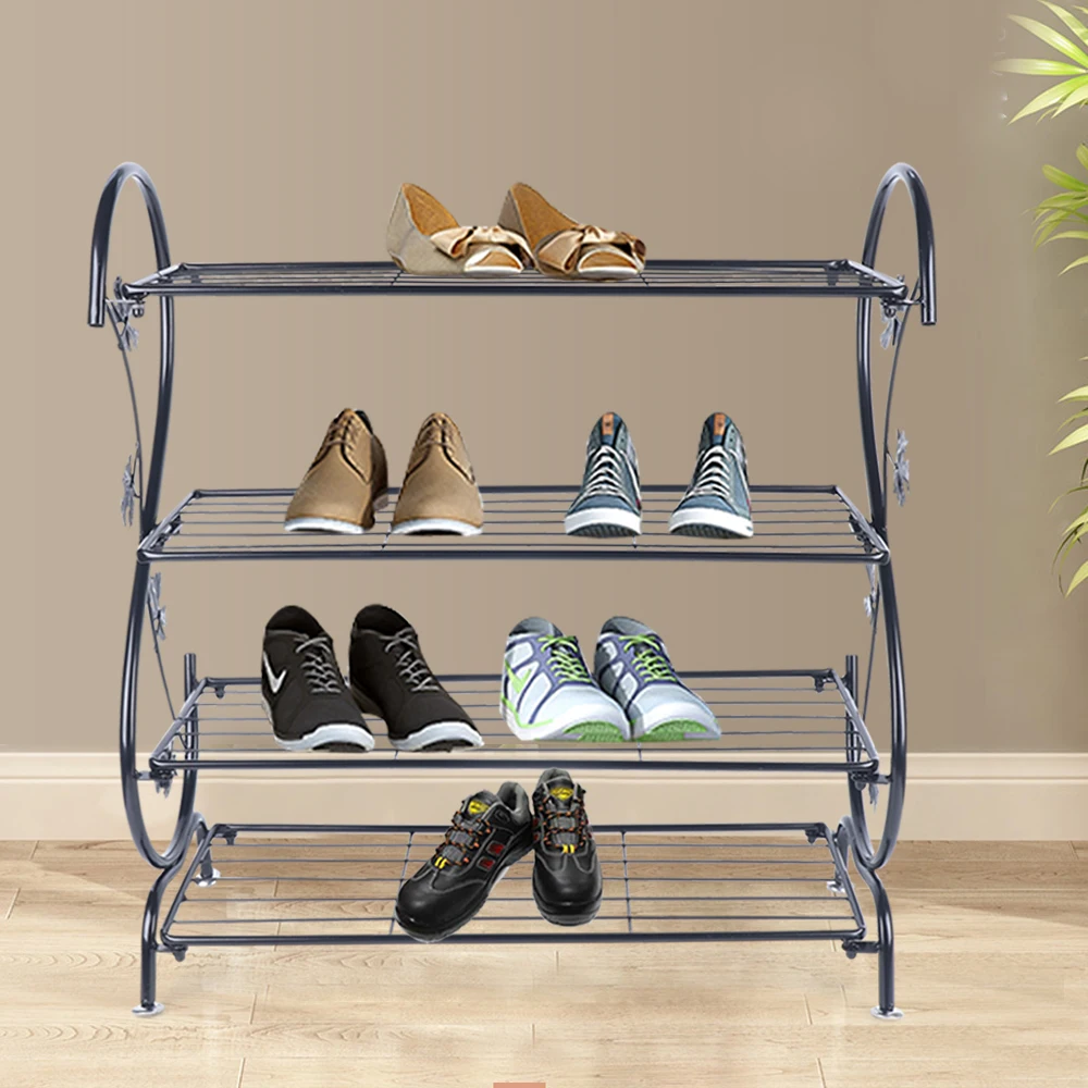 Shoe Organizer 4-Tier Metal Shoerack Black Shoe-shelf for Closets Hallway and Entryway Outdoor Hold 12-15 Pairs of Shoes