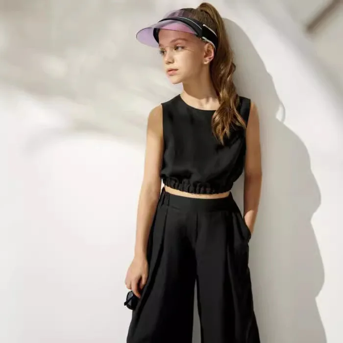 

Girls Suit 2025 Summer Girls Cotton and Linen Fashion Waist Vest Suit Straight Pants Children's Two-piece Set Fashion