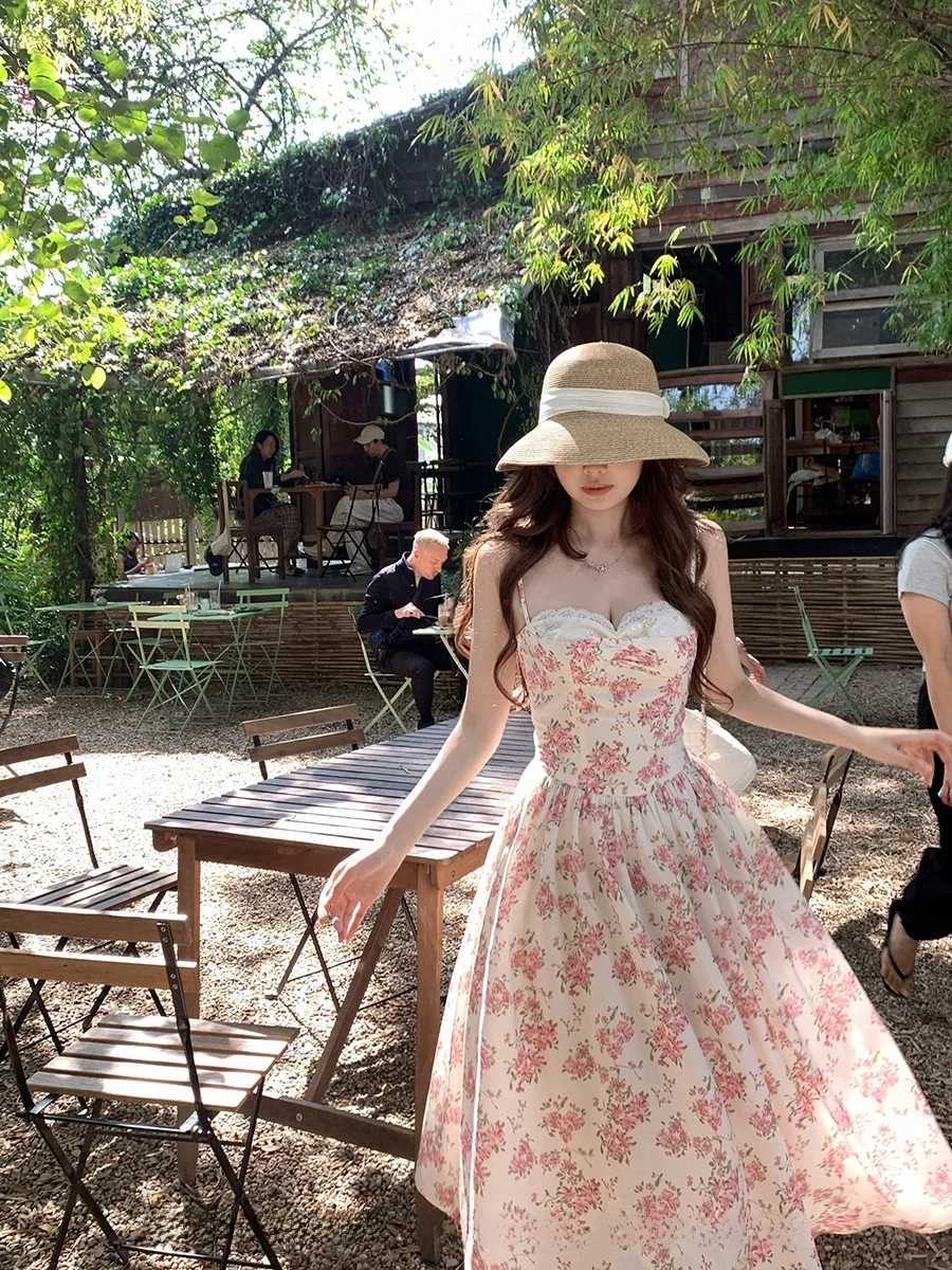 

Платье CallmeEar Daytime Flanquet с кружевной отделкой и принтом, на бретельках, с завышенной талией, длинное праздничное платье, милое, с рукавами, А-силуэт, юбка