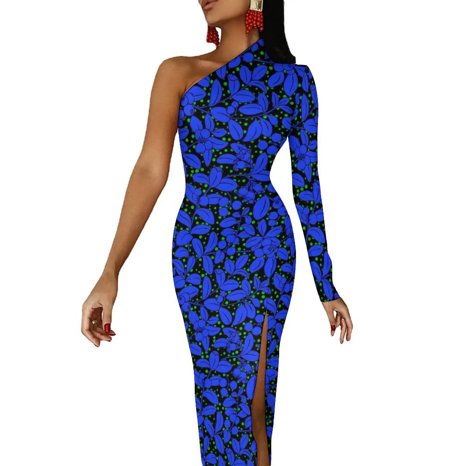 

Blue Plant Bodycon Dress Spring Leaves Print Sexy Side Split Long Dresses Long Sleeve Graphic Party Dress