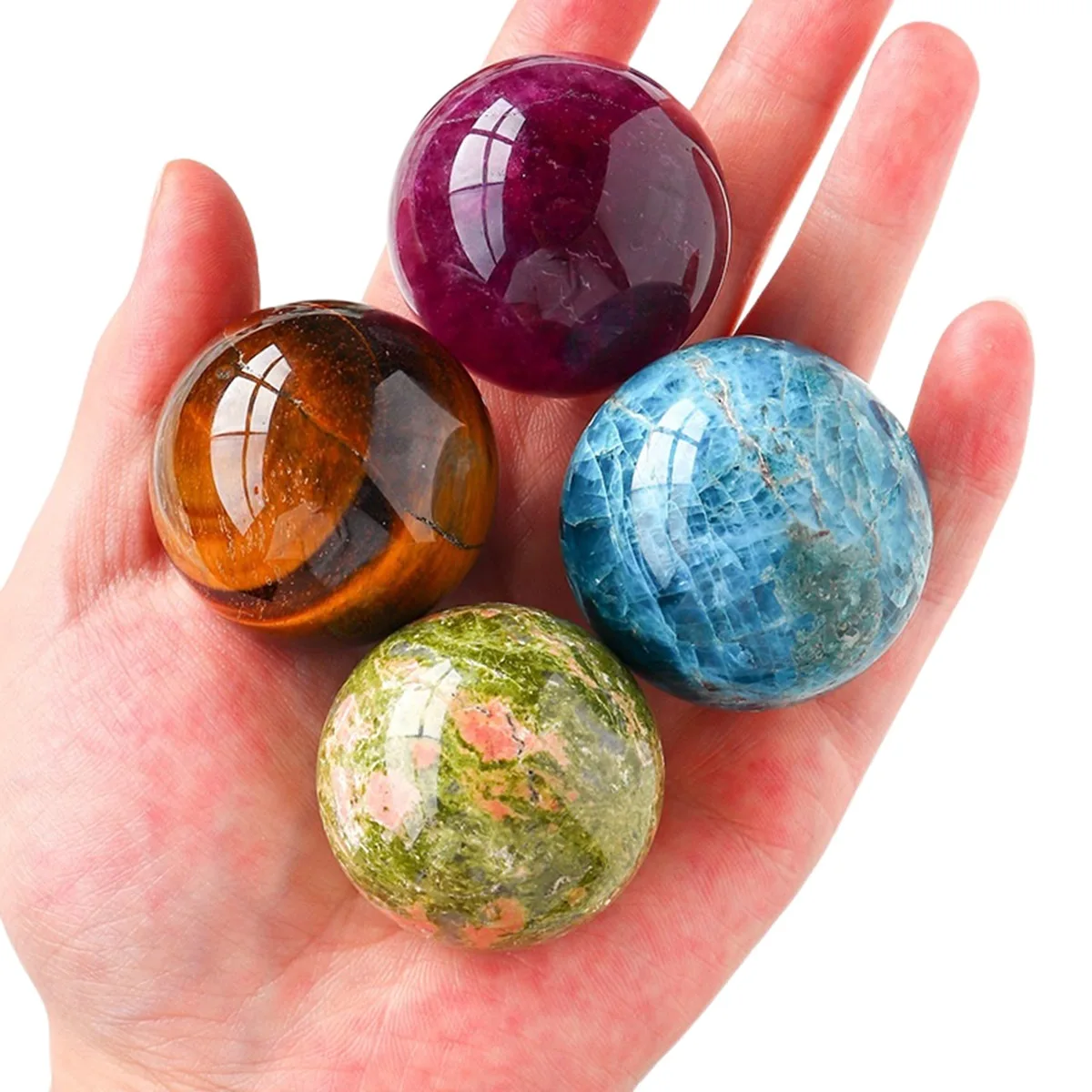 40MM Handmade Craved Gemstone Balls Sculpture Figurine for Feng Shui Decorative Health Ornament 1.5” Crystal Spheres Round Beads