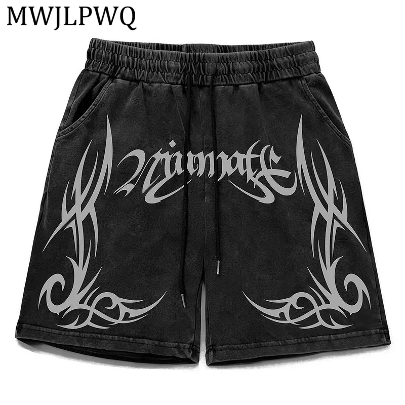 

MWJLPWQ American Retro Distressed Washed Sports Casual Shorts High Street Summer Loose Trendy Heavyweight Drawstring Pants 16285
