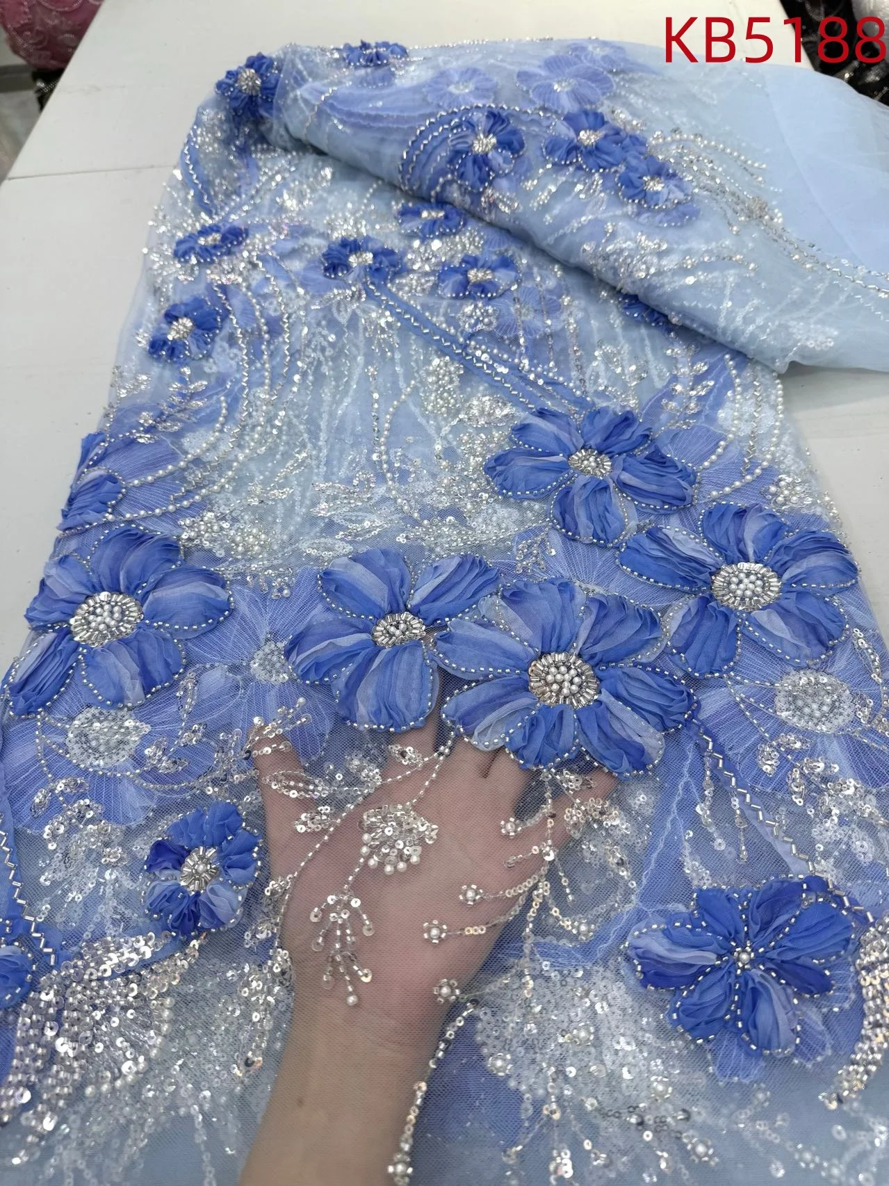 

African Lace Fabric 5 Yards High Quality 2025 Blue Beaded French Mesh Nigerian Purple Sequins Embroidered Lace For Sewing KB5188