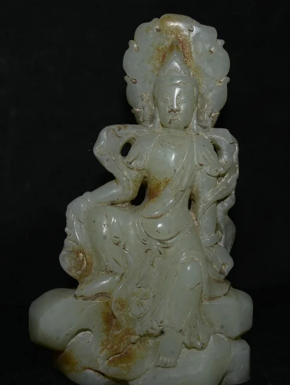 8.4” Rare Old Chinese White Jade Feng Shui Kwan-yin Guan Yin Goddess Statue