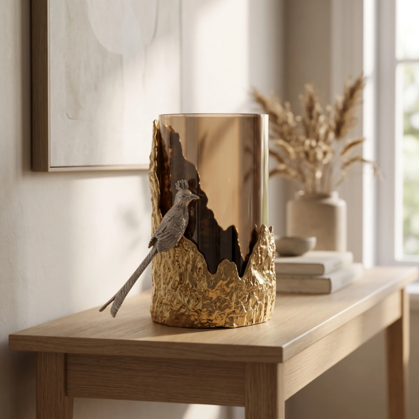 Glass Candle Holder with Bird Reflective Cylindrical Candle Holder Glass Cylindrical Glass Shade with Metal Base Luxe Decor