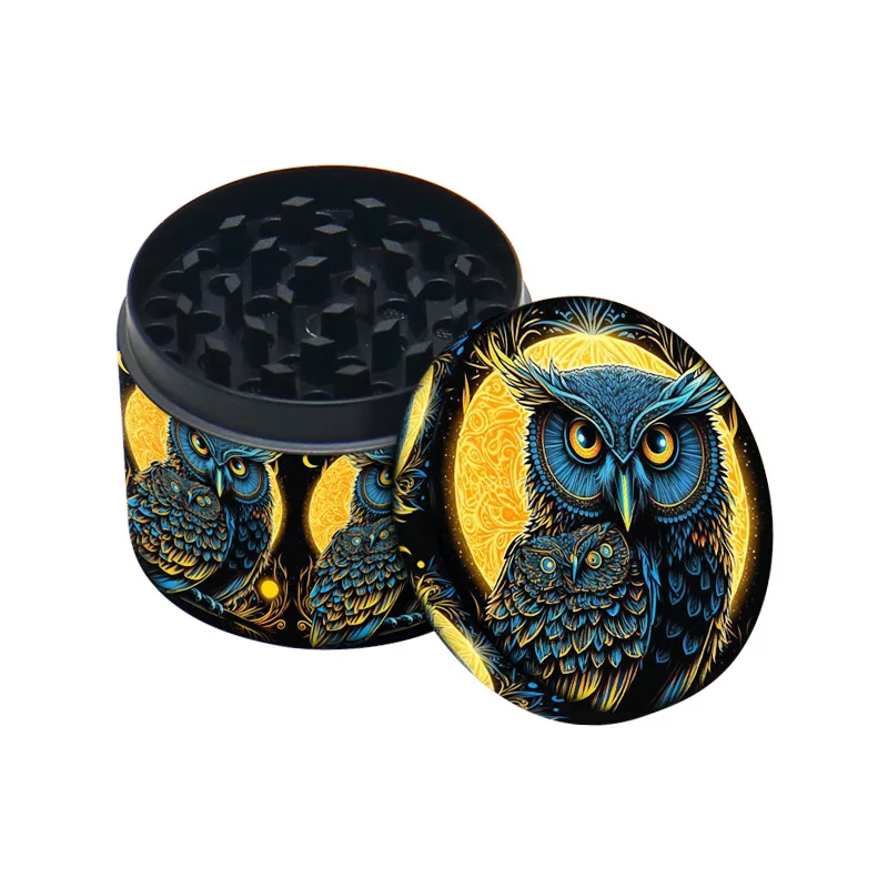 Hot Selling New Multi Size 4-layer Zinc Alloy Full Body Color Printing Owl Cigarette Grinder Grinder