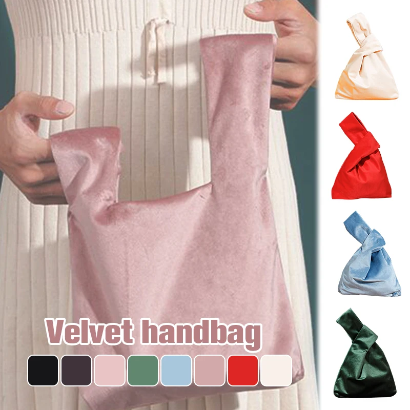 

Women's Vintage Velvet Handbag Casual Girl Reusable Folding Bag Velvet Fabric Japanese Hefeng Wrist Bag Walking Key Storage Bag