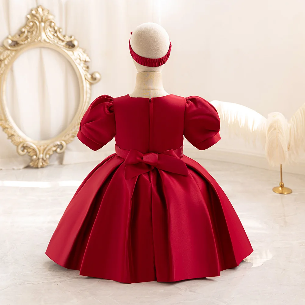 HETISO Baby Princess Dress with Headband Beading Girls Christmas Satin First Birthday Party Ball Gown Fashion Belt 1-5 Years