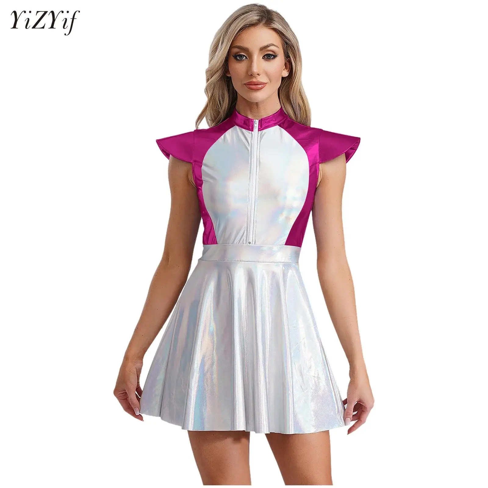 

Womens Outer Space Fighter Alien Costume Cap Sleeve Metallic Robot Dress Halloween Astronaut Cosplay Fancy Dress-up Outfits