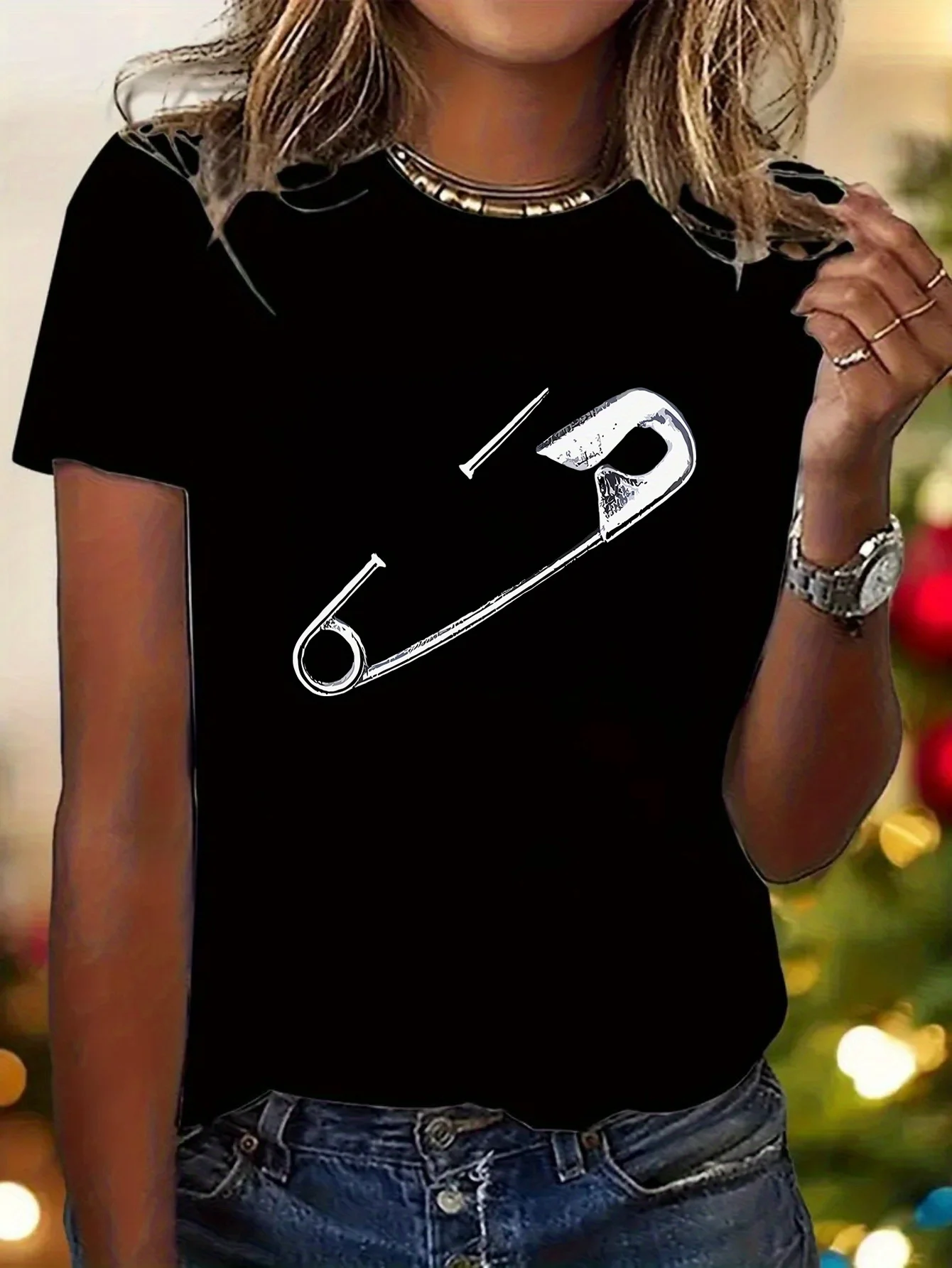 Women Y2K Style Safety Pin Graphic Print T‑Shirt Crew Neck Short Sleeve Casual Aesthetic Ladies Daily Top