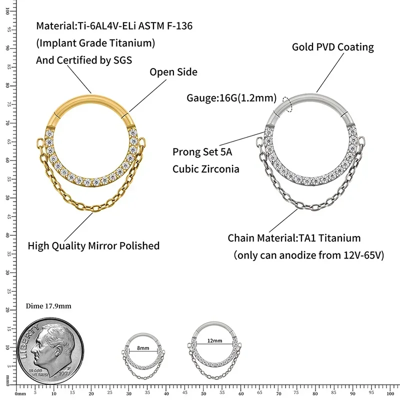 G23 Titanium Nose Piercing Septum Clicker Ring with Chain Hinged Nose Ring Daith Earring Conch Helix Cartilage Tragus