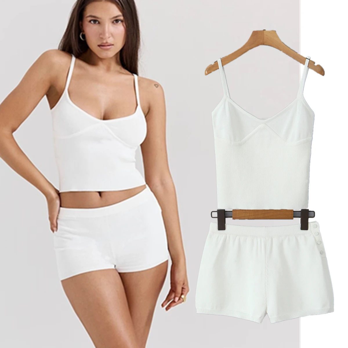 Maxdutti 2024 American Minimalist Knitted Camisole Shorts Set Women New In White Sports Two Pieces Sets