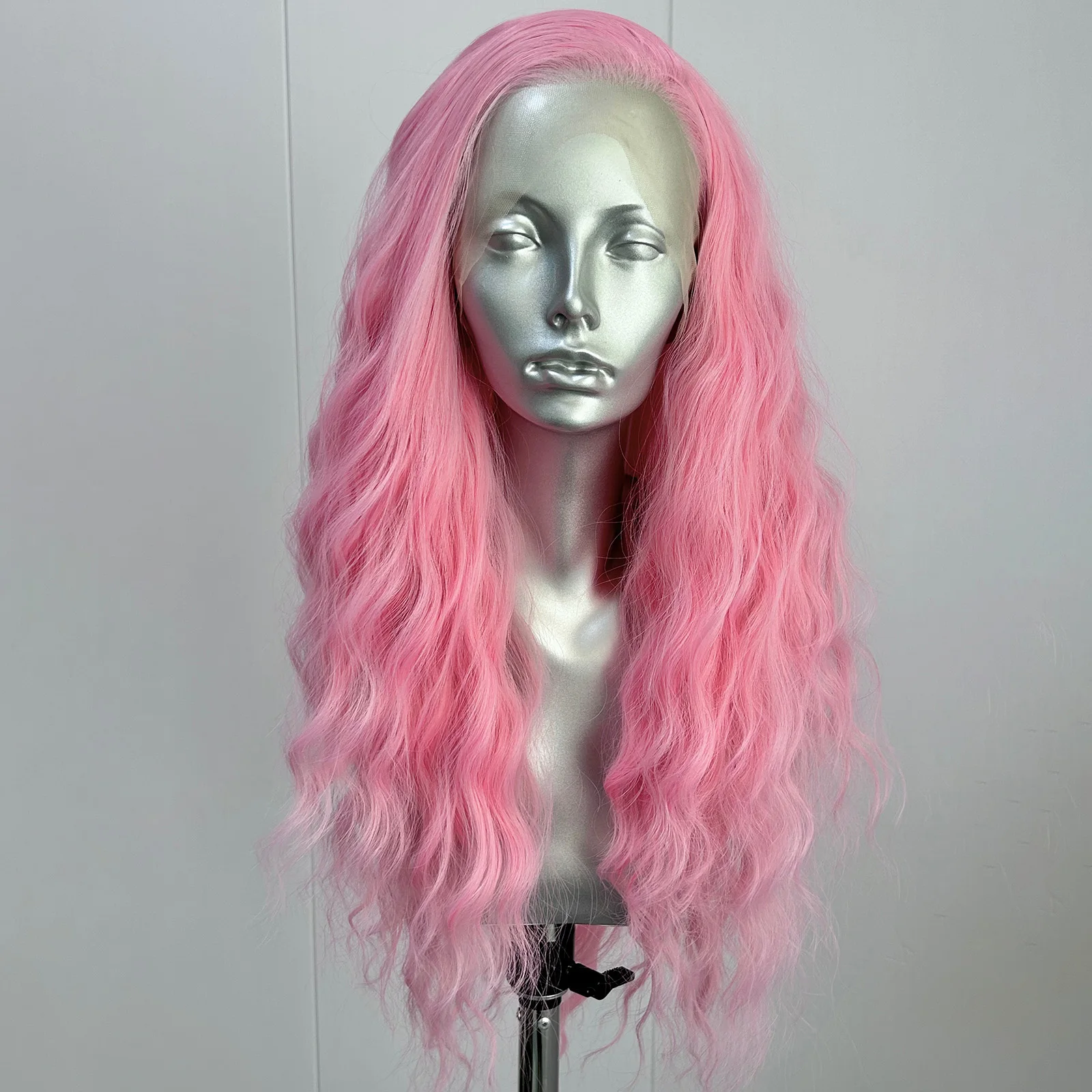 Pink Long Curly Wavy 13X4 Synthetic Lace Front Wigs for Women Free Part Hot Pink Loose Curly Colored Glueless Cosplay Party Use