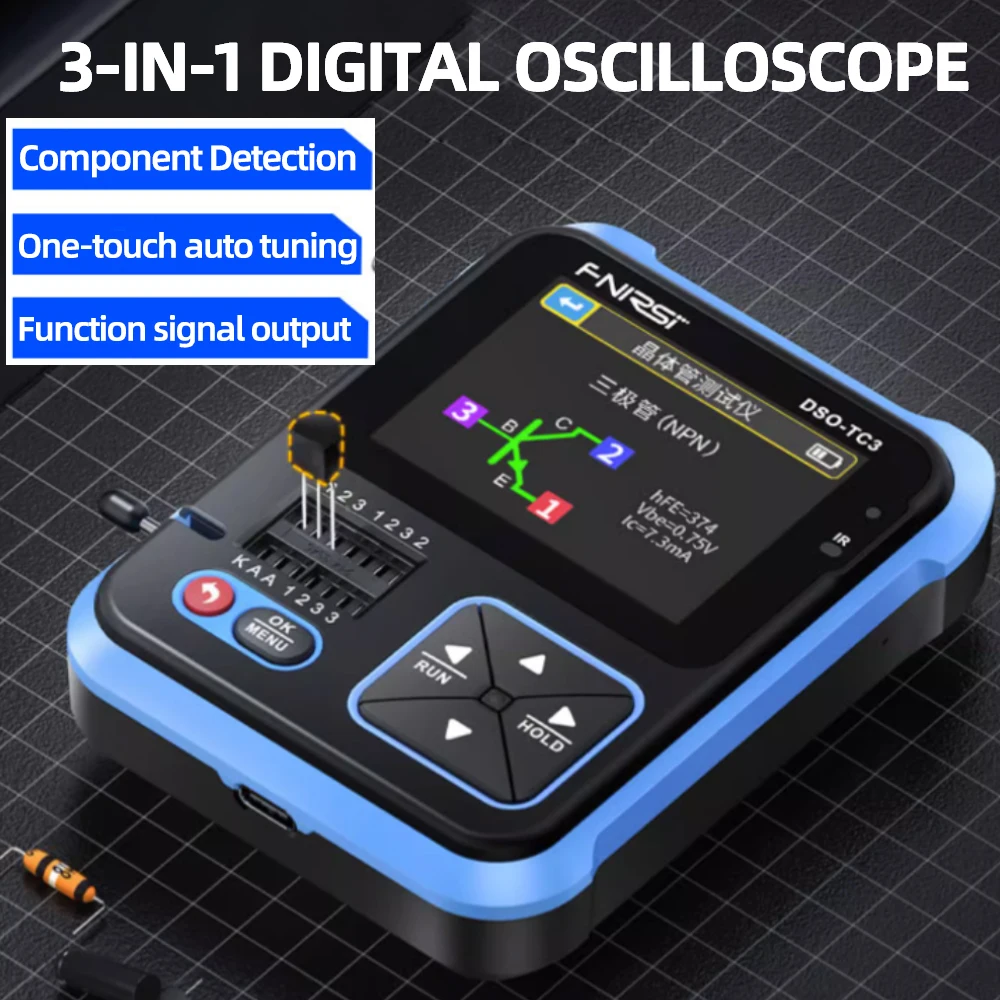 

FNIRSI DSO-TC3 Digital Oscilloscope 3-in-1 Signal Generator Electronic Component Transistor Tester 500kHz 10MS/s Sampling Rate