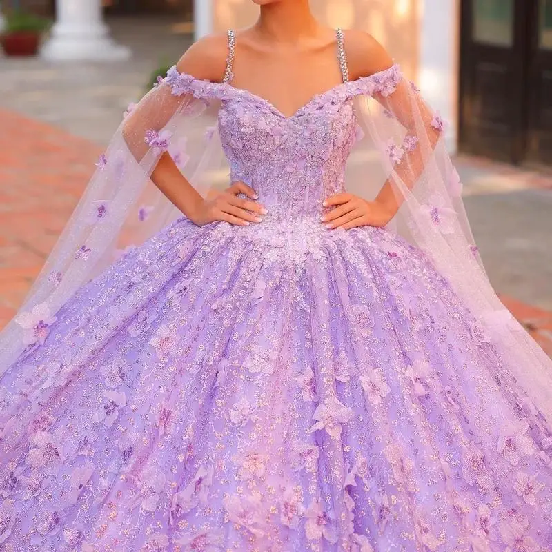 

Lilac Princess Quinceanera Dresses Sequined Lace Applique Ball Skirt Sweet 15 16 Birthay Party Prom Gown Vestidos De XV Años