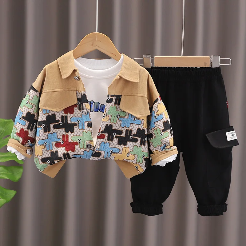 Toddler Boys Outfits 2024 Autumn Baby Boy Clothes 18 To 24 Months Patchwork Cardigan Coats + T-shirts + Pants Childrens Clothing