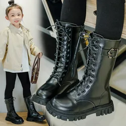 Children High Boots for Girls Versatile Solid Color Black Britain Style Elegant Princess Catwalk Boots Classic Buckle Casual PU