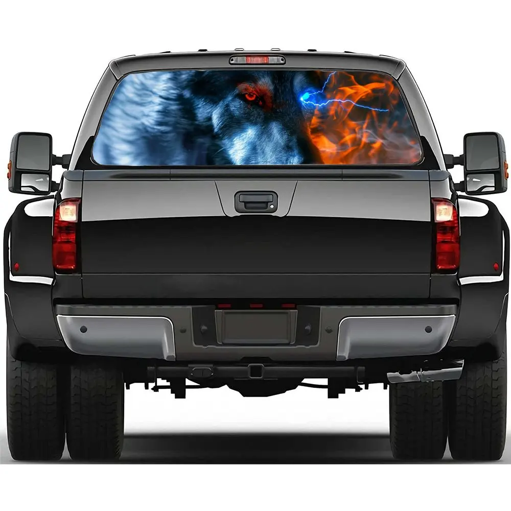 Dog with Blue Lightning Eyes Car Rear Windshield Sticker Truck Window See Through Perforated Back Window Vinyl Decal Decoration