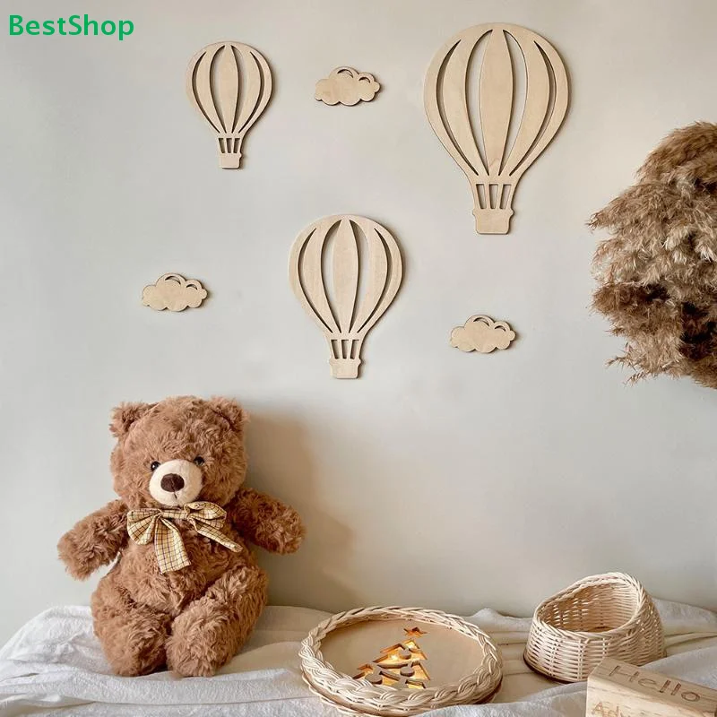 〔R〕Ins Wooden Hot Air Balloon Cloud Star Set Wall Stickers Home Decoration Holiday Decoration Wall Crafts