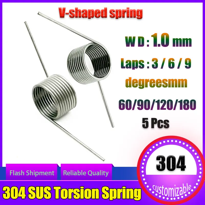 5Pieces Helicaltorsio Ring 304 Stainless Steel V-Shaped Helical Torsion Spring Wire Diameter 1.0mm Angle 60 90 120 180 Degrees