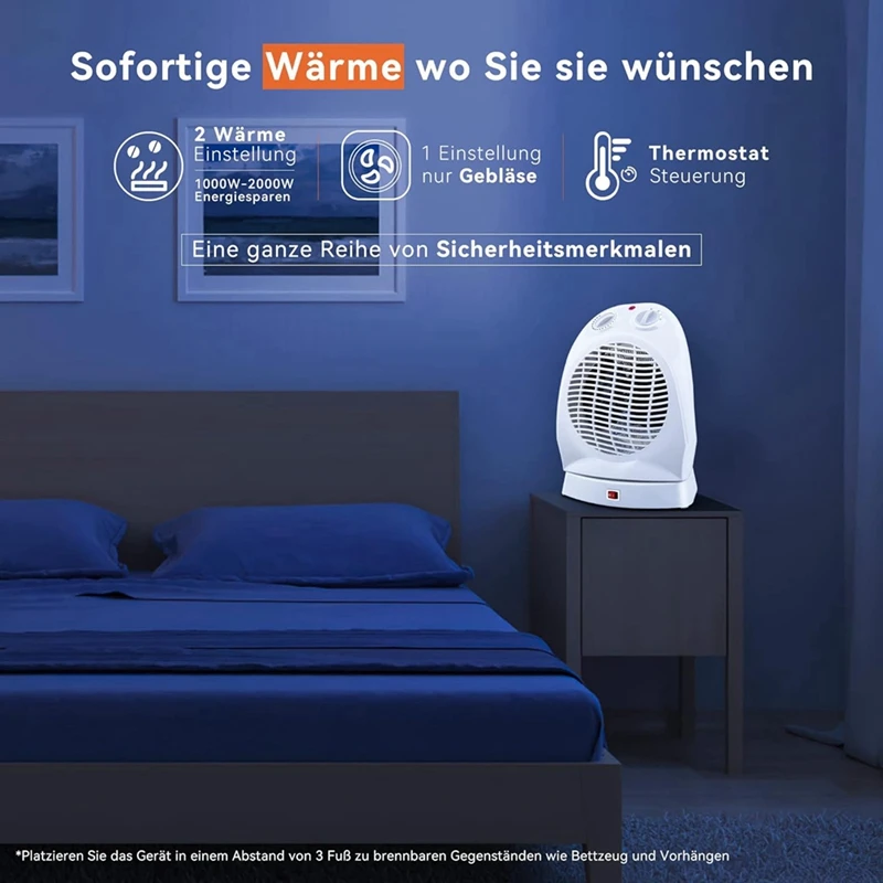 Fan Heater Energy-Saving, 2000 W, 120° Portable Fan Heater With 2 Heat Settings, Adjustable Thermostat, EU Plug