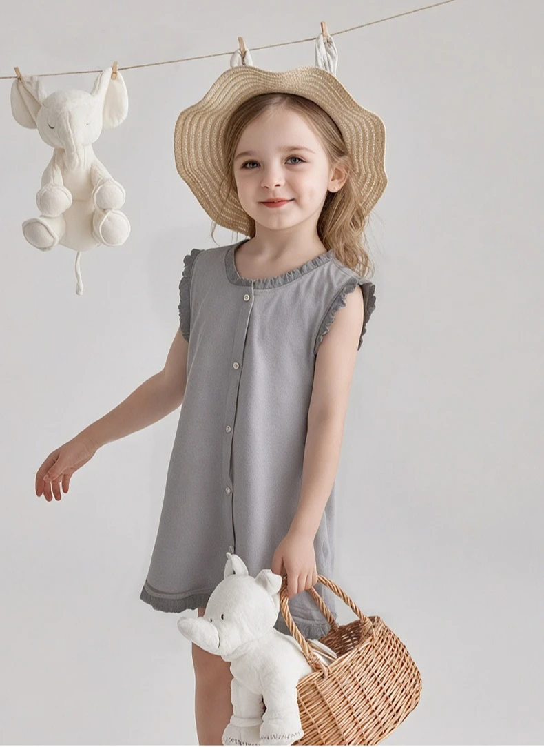 

2025 Childrens Summer New Girls Korean Dress Cotton Skirt Princess Daily Casual Cute Brief Sweet