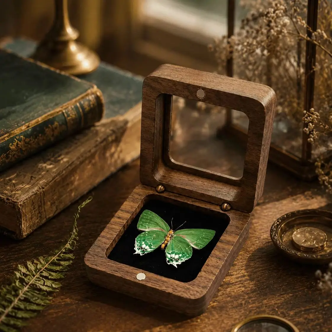 Real Butterfly, Walnut Wood Box, Mini Decor Ornament, Collectible Birthday Gift for Nature Lovers