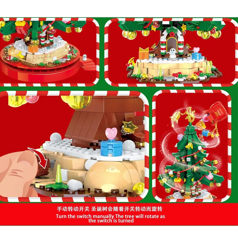 City Winter Christmas Village Creative Turning The Christmas Tree Music Box Table Decoration Micro Building Blocks Brick Toy Gif