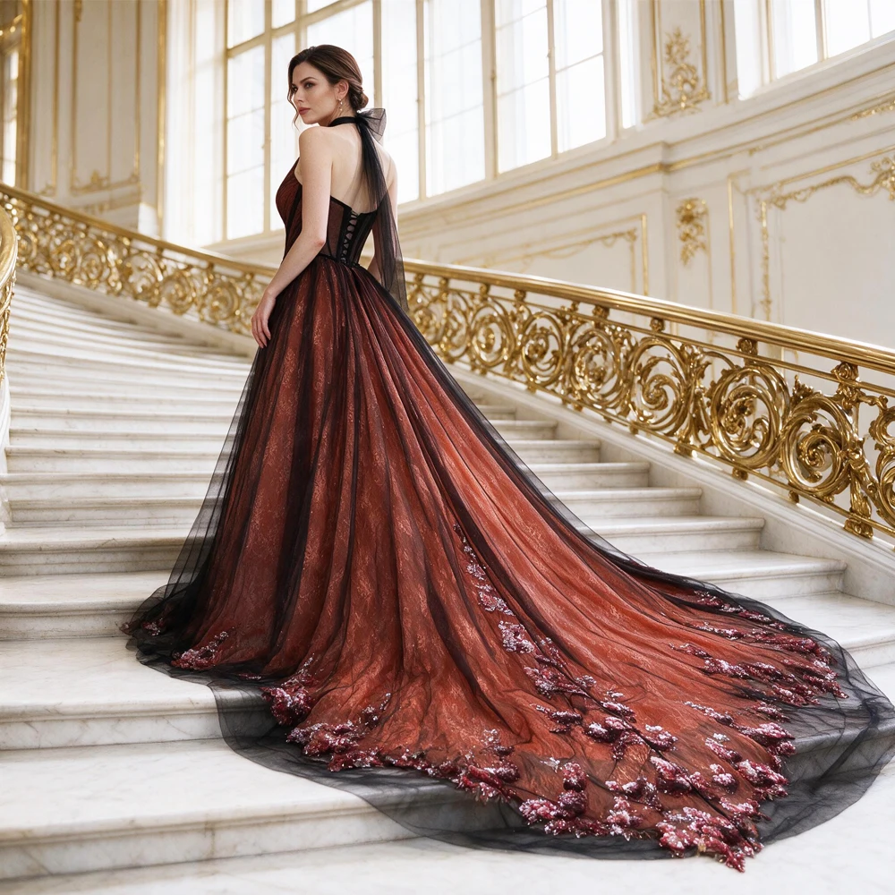 Black Orange Gothic Wedding Dress Halter Neck Corset Bridal Gown Sequin Lace Applique Chapel Train Vestidos De Novia YX26102