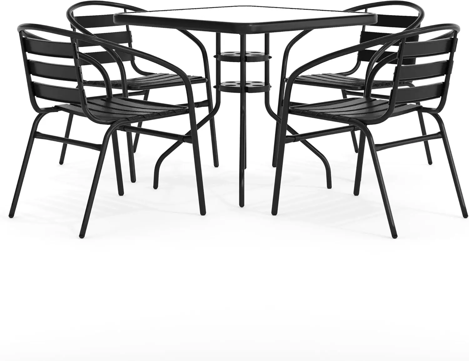 

5-Piece Patio Dining Set with Square Glass Table and Stackable Chairs, Indoor/Outdoor Black Bistro Furniture